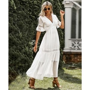 Plus Size White Lace And Swiss Dot V-Neck Maxi Dress